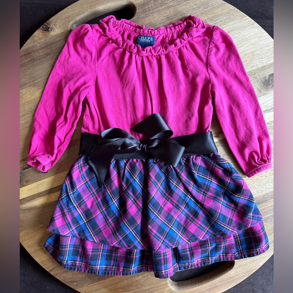 Chaps Pink Plaid Dress with Black Bow